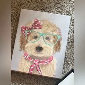 Cute Dog Canvas Art with Pink and Green Accents